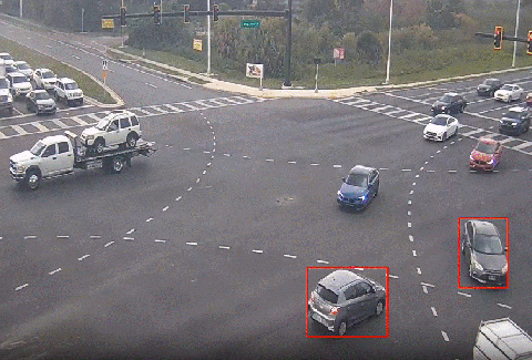 An aerial view of a near-miss detected within a roadway intersection.