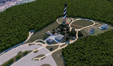 Birdseye rendering of a black & white striped lighthouse, parking lot and surrounding grounds.