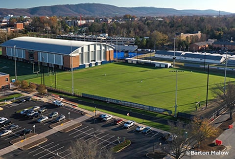 View of the University of Virginia’s Athletic Complex natural turf practice fields with the Blue Ridge Mountains in the background. 
