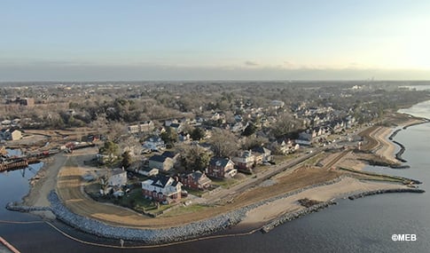 Aerial view along the coastline of the living shoreline installation.