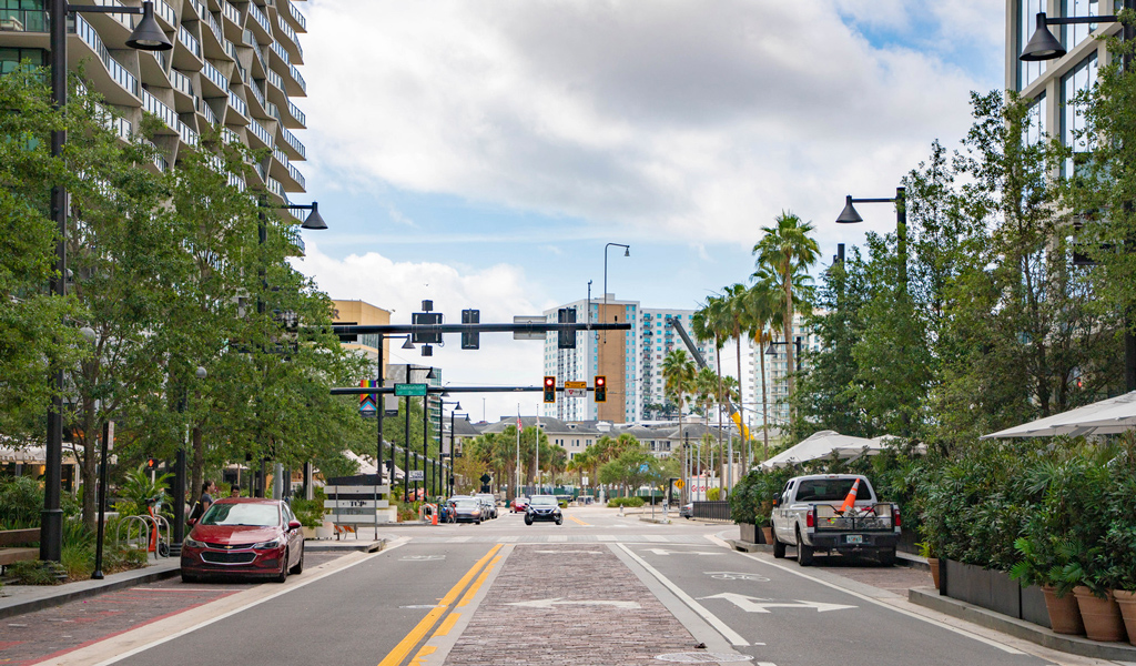 A busy street in downtown Tampa, Florida