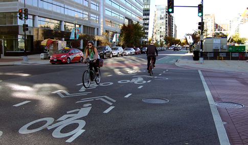 A street in Washington, DC, featuring a bike lane.