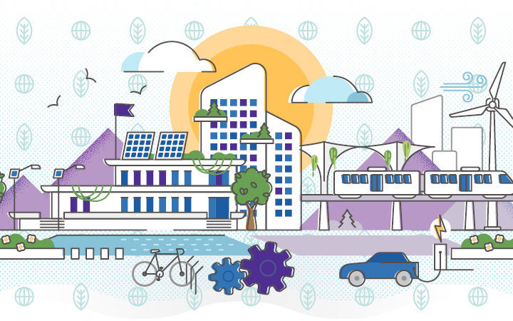 Illustration containing a variety of transportation modes including passenger rail, streets, highways and bikes as well as electric vehicle charging stations, solar energy panels affixed to urban buildings and wind turbines that power our nation.