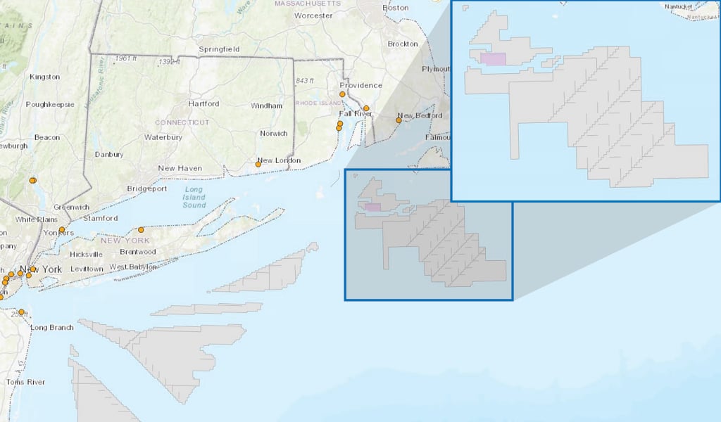 Graphic of wind farm lease area on an ocean map.