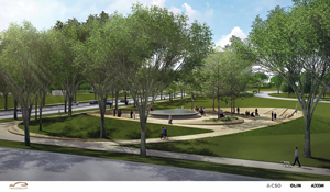 A rendering illustrates the future memorial design that incorporates pathways, large tree canopies, and retaining walls.  