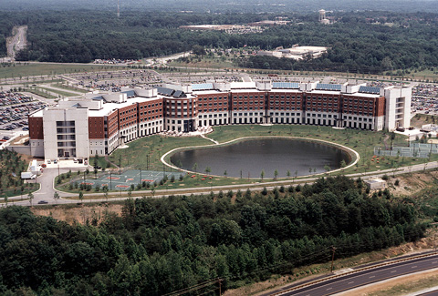 Aerial view of the Defense Logistics Agency Headquarters at Fort Belvoir. 