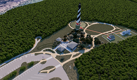Birdseye rendering of a black & white striped lighthouse, parking lot and surrounding grounds.