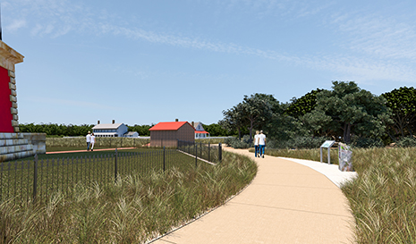 Artist’s rendering of people walking along a curving pathway lined with a fence and grasses.