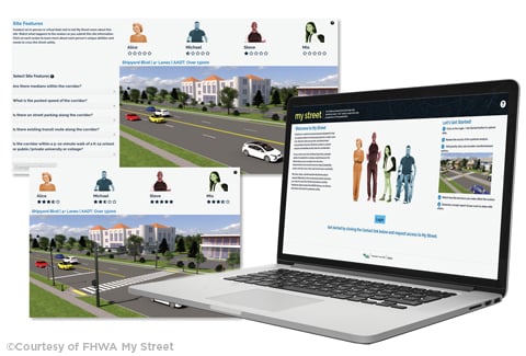 Screen shot of the My Street homepage and Example rendering showing a multi-lane roadway before pedestrian safety countermeasures are added.