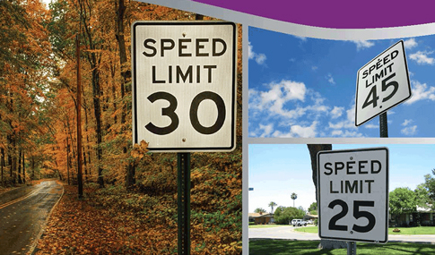 Collage of speed limit signs indicate the maximum safe speed on roads.