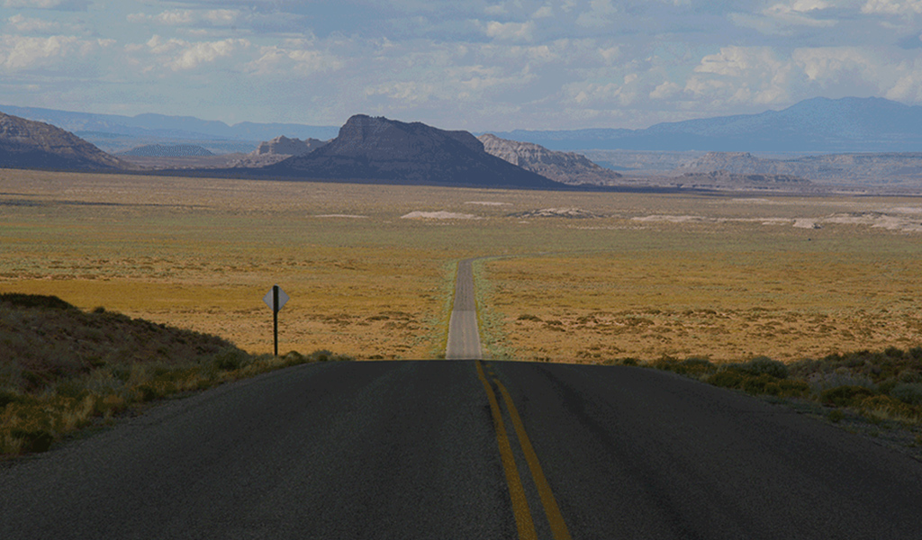 A stretch of road winds through a desert.