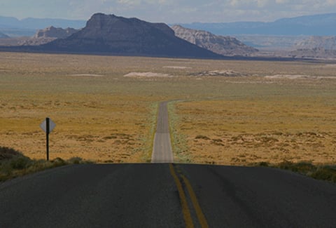 A stretch of road winds through a desert.