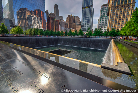 Water feature with names at the National 9/11 Memorial.