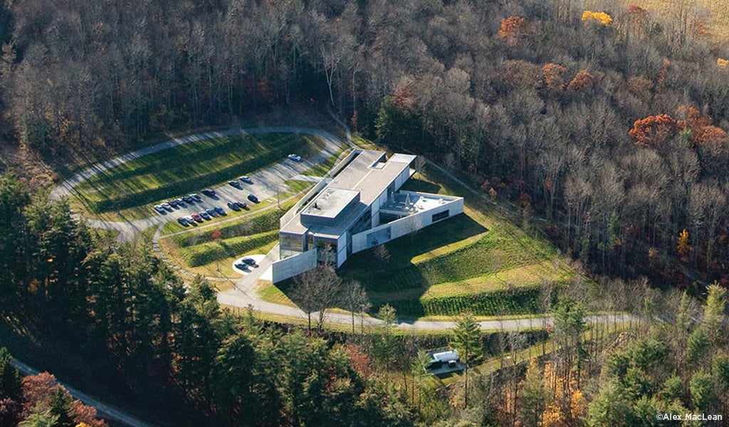 Aerial view of The Clark Art Institute nestled in rolling hills of Massachusetts.
