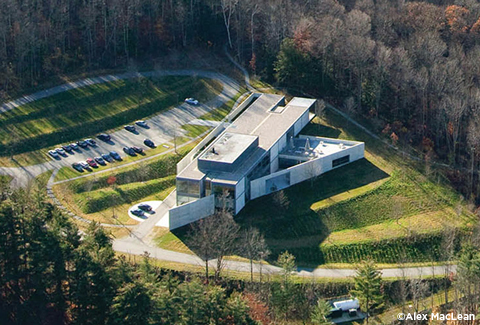 Aerial view of The Clark Art Institute nestled in rolling hills of Massachusetts.