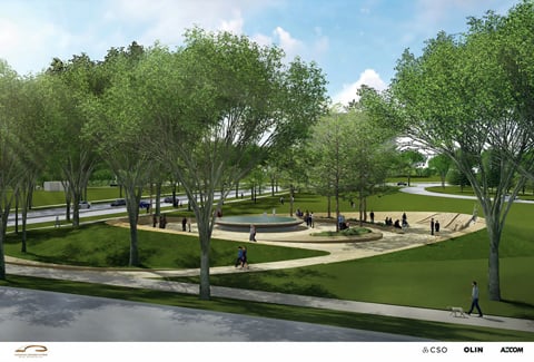 Artist’s colored image of proposed memorial design with people and landscape elements.