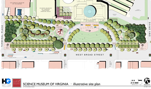 Illustrative site plan of Science Museum of Virginia that includes the new parking deck and green space.