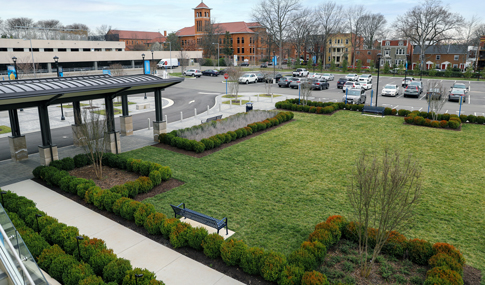 Connection between the green space, parking lot, and drop off area of the Virginia Museum of History & Culture.