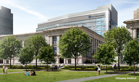 Exterior artist rendering of Boston Children’s Hospital with view of park in foreground.