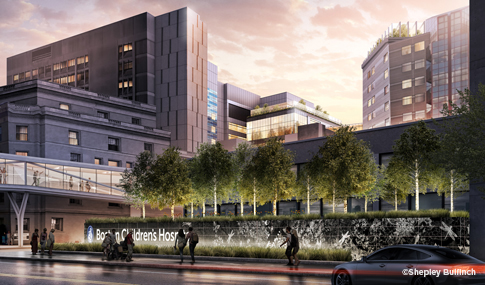 Exterior artist rendering of Boston Children’s Hospital with pedestrians and cars in foreground.