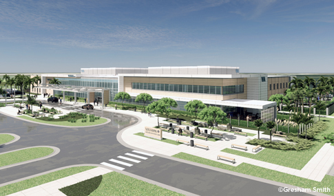 Color rendering of a modern two-story healthcare clinic surrounded by assorted trees, greenery and grassy areas