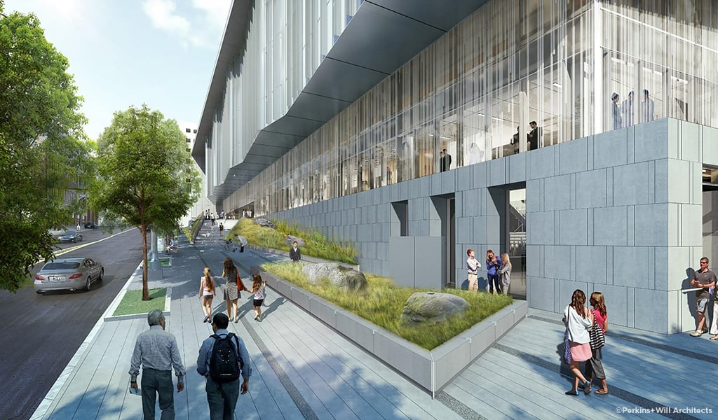 Artist’s rendering of people walking by exterior of modern medical center building.