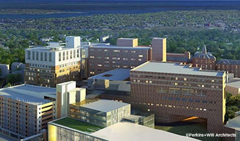 Aerial close-up view of artist’s rendering of modern medical center building 
