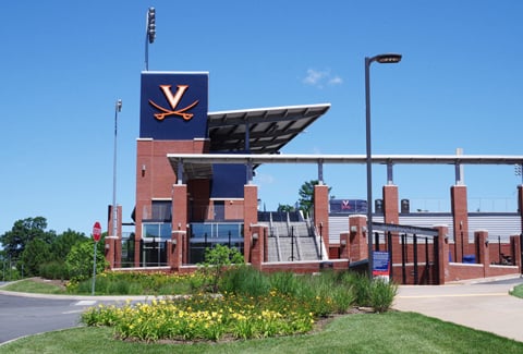 Plantings in bloom in front of the entrance to UVA’s Davenport Field. 