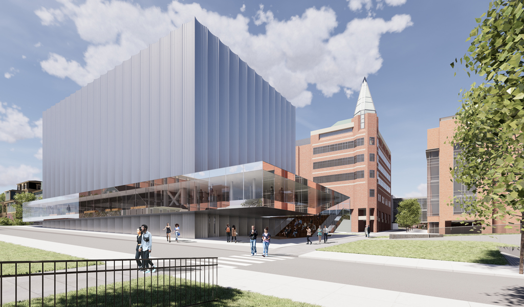 A digital rendering of Brown University’s new Performing Arts Center surrounding a green space with trees and students walking across a crosswalk.