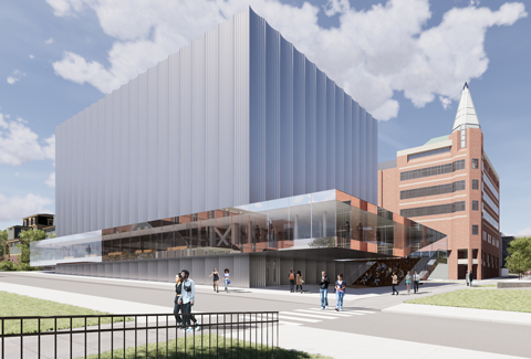 A digital rendering of Brown University’s new Performing Arts Center surrounding a green space with trees and students walking across a crosswalk.