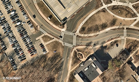 Aerial view of four-way stop intersection