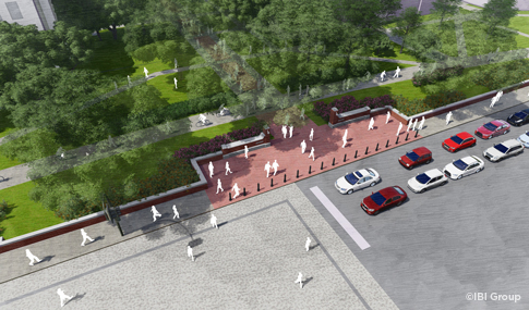 A color rendering of a new college campus entry plaza showing cars and pedestrians.