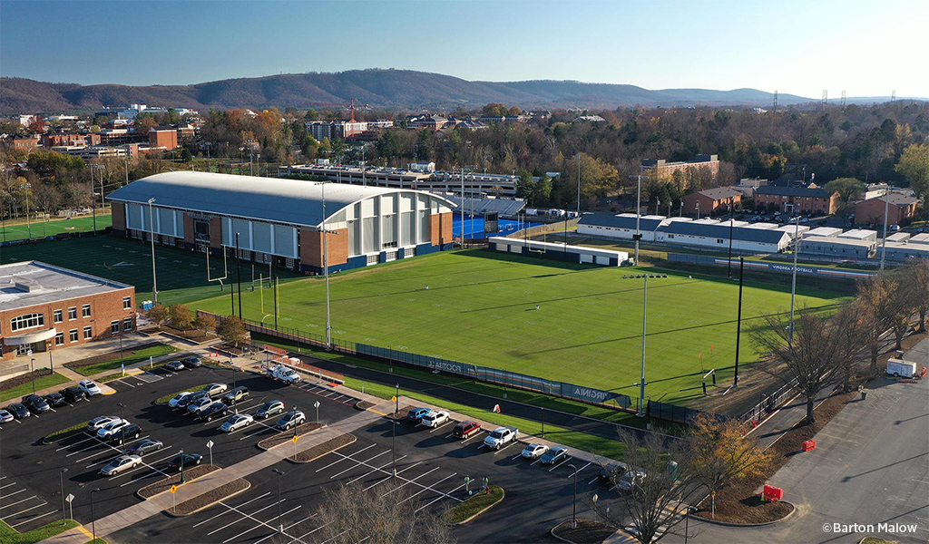 View of the University of Virginia’s Athletic Complex natural turf practice fields with the Blue Ridge Mountains in the background. 