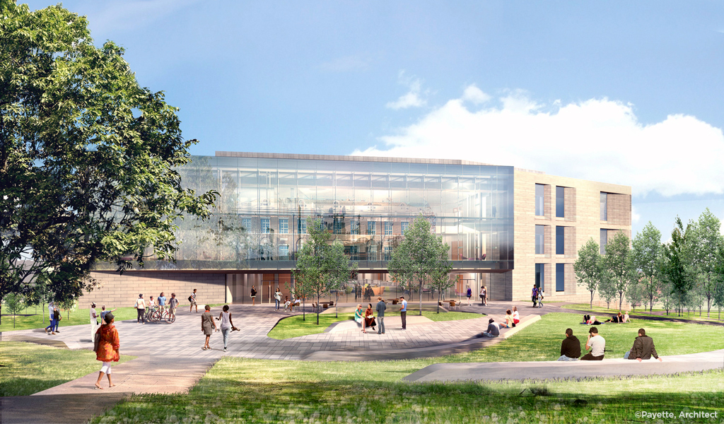 Artist colored rendering of exterior of new academic building with walkways and green space.