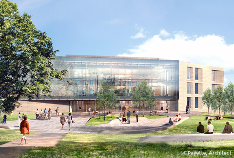 Artist colored rendering of exterior of new academic building with walkways and green space.