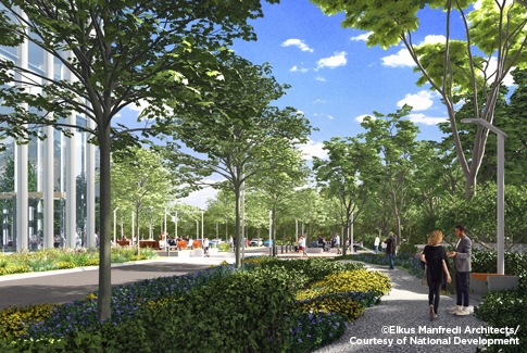 Rendering of the landscaped pathways and open space with people walking and talking adjacent to the exploratory lab building.