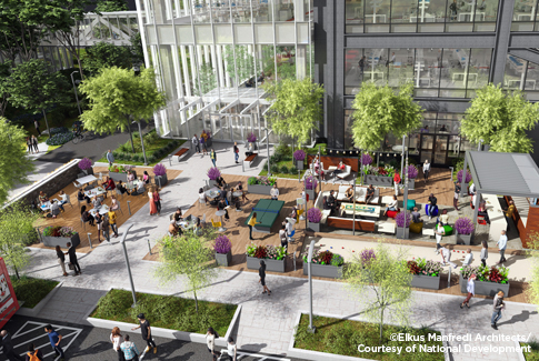 Oblique aerial rendering of the open space and courtyards being actively utilized by employees during the daytime for lunch, conversations, and courtyard games.
