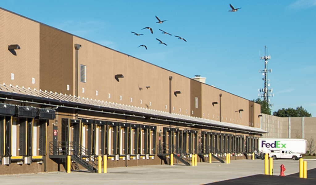 Birds fly over the truck bays at the FedEx Distribution Center in Natick, Massachusetts.