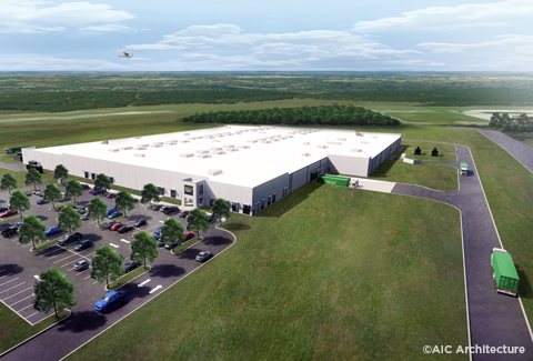 Bird’s eye architectural rendering of a large vegetable production facility with adjacent parking. 