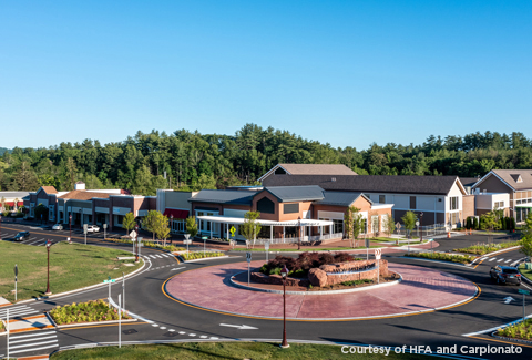 Aerial view of the newly constructed Avon Village Center buildings, roadways, roundabout, and parking areas.