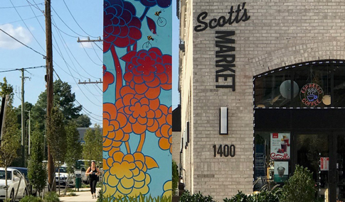 The connecting Scott’s Market storefront that includes public art and streetscape plantings. 