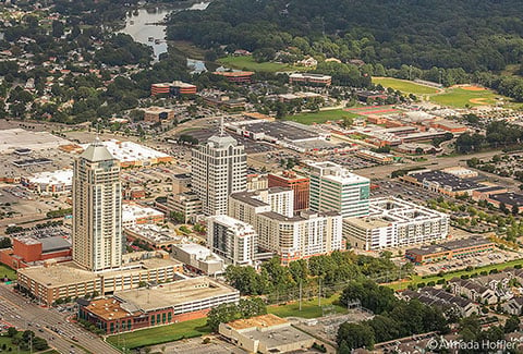 Overview of the mixed-use development of the Town Center of Virginia Beach.