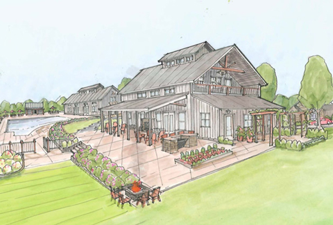 Rendering of the future Chickahominy Clubhouse that shows the outdoor pool and outdoor dining spaces. 