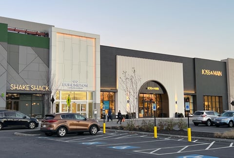 Exterior view of the Burlington Mall’s new retail shops including Shake Shack and Joss & Main.
