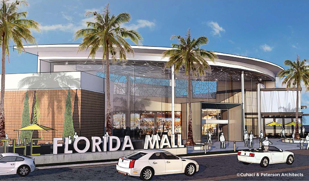 Florida Mall entrance with sign and drop-off area in Orlando, Florida