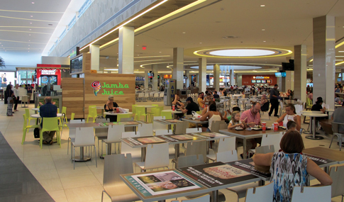 Renovated seating area in dining district at Florida Mall in Orlando, Florida
