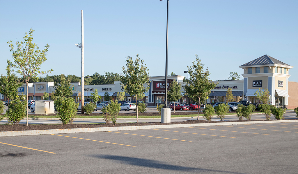 A parking lot sits in front of a row of shops.