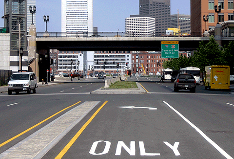 Left-turn lane in South Boston, Massachusetts.