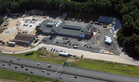 Aerial view of welcome center nearing construction completion.