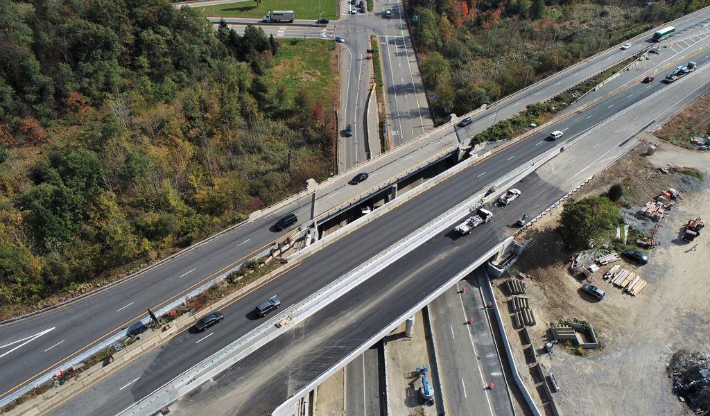 Aerial view of reconstruction of Louisquisset Pike Bridge in Rhode Island, which carries Rt. 146 over Rt.116.